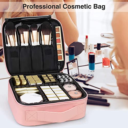 Travel Makeup Case, PU Leather Portable Organizer Makeup Train Case Makeup Bag Cosmetic Case with Adjustable Dividers for Cosmetics Makeup Brushes Women (Pink) - color: Pink