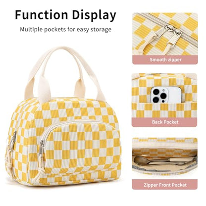 Lunch Bag Women Lunch Box for Women Adult Cute Insulated Lunch Bag Small Cooler Lunch Tote Bags for Work Picnic Travel (Beige-Yellow Plaid) - color: Beige-Yellow Plaid