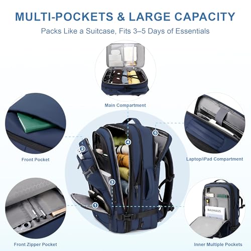BAGOK Carry On Travel Backpack, 35L-40L Expandable Extra Large Airline Approved,Lightweight Daypack for Men and Women（Blue） - color: Blue, size: Large