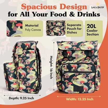 Lax & Daisy Travel Picnic Backpack for 2 Persons - 14 Piece Set Cooler Bags Insulated for Beach, Camping, Hiking & Parks with Blanket, Tumblers, Plates, Gold Cutlery & Cutting Board (Mushroom Print) - color: Moody Mushies (Mushroom Print)