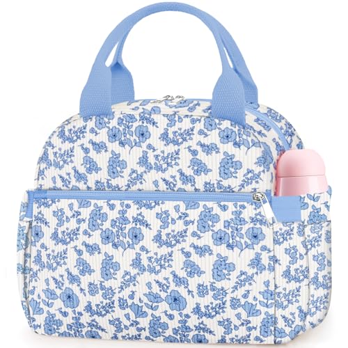 KUBYA Lunch Bag Lunch Box for Women, Cute Corduroy Insulated Reusable Work Leakproof Simple Adults Flower Large Lunch Boxes Tote Bag Men Cooler Bag - color: B-B-Corduroy Blue Flower, size: Medium - 10L