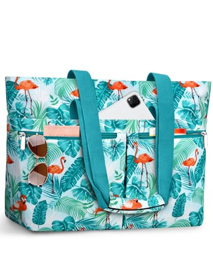 HUANLANG Large Beach Bags for Women Pool Bag with Zipper, Waterproof Sandproof Beach Tote Travel Bag with Wet Pocket - color: Green Forest Flamingo