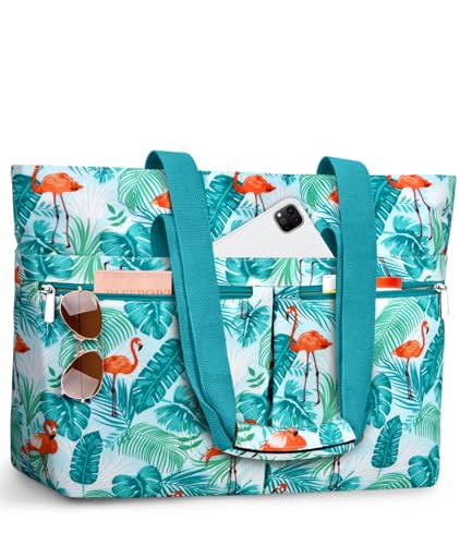 HUANLANG Large Beach Bags for Women Pool Bag with Zipper, Waterproof Sandproof Beach Tote Travel Bag with Wet Pocket - color: Green Forest Flamingo