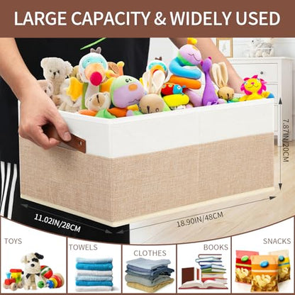 6 Pack Fabric Storage Bins, Large Storage Baskets for Shelves, Foldable Closet Organizer Storage Boxes with Leather Handles for Clothes, Sheets, Jeans, Toys, Books (Beige and White) - style: 6 Pack Beige & White