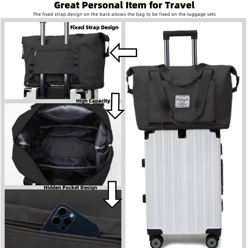 Large Capacity Foldable Travel Bag, Expandable lightweight Carry on Bag, Dry with Wet Separation Spor Duffel Bags (Black) - color: Black