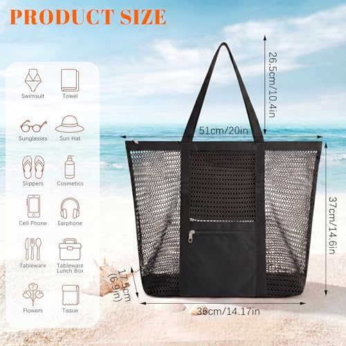 Dntorx Women's Mesh Beach Bag, Stylish Beach Tote for Swimming, Travel & Vacation Essentials, Lightweight Design for Poolside - color: Black