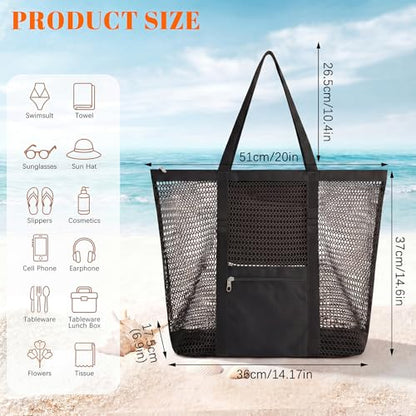 Dntorx Women's Mesh Beach Bag, Stylish Beach Tote for Swimming, Travel & Vacation Essentials, Lightweight Design for Poolside - color: Black