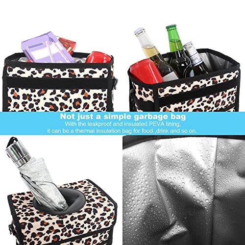 Femuar Leak Proof Car Trash Bag Large Capacity Waterproof Garbage Can with Lid for SUV Leopard Print - color: Leopard, size: 3 Gallons