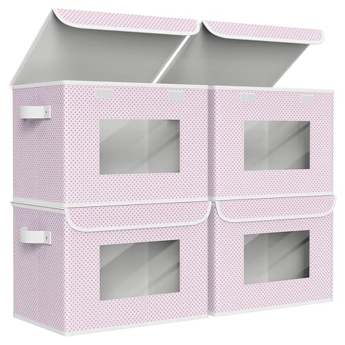 Univivi Fabric Foldable Storage Boxes [4-Pack] Large Collapsible Stackable Storage Bins with Lids, Closet Organizers and Storage Cube Basket for Home, Office, Bedroom (Pink, 17”x 12” x 12”) - color: Pink Polka Dot, size: 17''-4 Pack