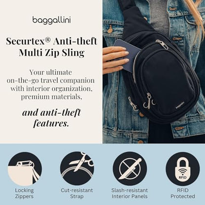 Baggallini Securtex® Anti-Theft Multi Zip Sling - Lightweight 8.6"x15.2" Travel Bag with Locking Zippers & RFID Protection - color: French Navy
