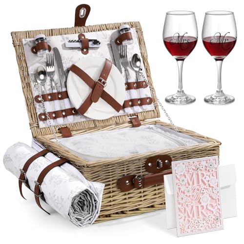 Picnic Basket for 2, Bridal Shower Gift Wedding Gifts with Mr Mrs Wine Glasses and Greeting Card, Engagement Newly Weeding Gifts for Couples 2026, Wicker Picnic Set Kit with Blanket Cooler for Beach - color: Wedding Gift Style Grey