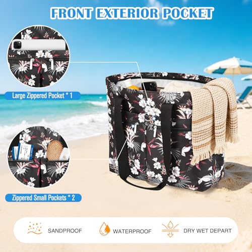 HUANLANG Large Beach Bags for Women Pool Bag with Zipper, Waterproof Sandproof Beach Tote Travel Bag with Wet Pocket - color: Black Floral