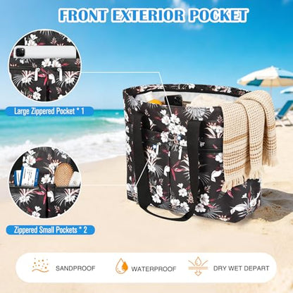 HUANLANG Large Beach Bags for Women Pool Bag with Zipper, Waterproof Sandproof Beach Tote Travel Bag with Wet Pocket - color: Black Floral