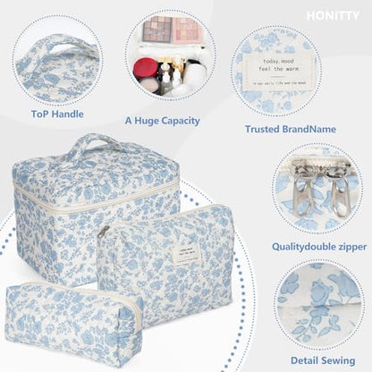 Makeup Bag,Quilted Cosmetic Bag,Large Floral Make Up Bag for Women,Cotton Makeup Bag Set,Flower Travel Toiletry Bag - color: Blue-White