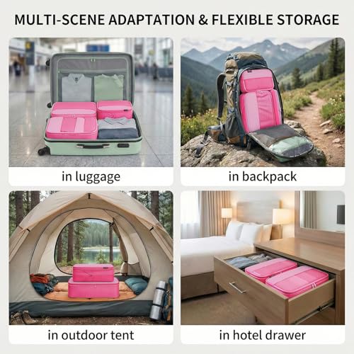 4 Piece Compression Packing Cubes for 3–7 Day Travel, Space Saving Travel Organizers with Breathable Mesh, Double-Zipper Packing Cubes for Carry-On & Suitcases (Pink) - color: Pink