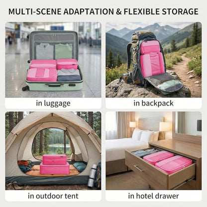 4 Piece Compression Packing Cubes for 3–7 Day Travel, Space Saving Travel Organizers with Breathable Mesh, Double-Zipper Packing Cubes for Carry-On & Suitcases (Pink) - color: Pink