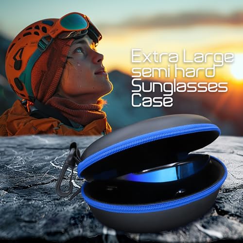 MyEyeglassCase Sports Sunglasses Case and Slim wallet Semi hard large glasses case w/belt clip soft pouch & cloth - color: B701 XL Black/Blue