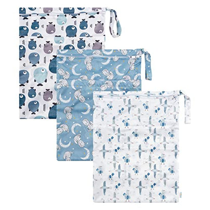 babygoal Wet Dry Bags for Baby Cloth Diapers, Washable Travel Bags, Beach, Pool, Gym Bag for Swimsuits & Wet Clothes with Two Zippered Pockets 3 Pack, 3LN28 - color: Fish and seagull