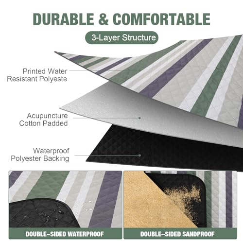 Picnic Blankets Outdoor Extra Large - 80"x80" Portable Waterproof Picnic Blanket, Machine Washable 3-Layer Foldable Picnic Mat with Sandproof Backing for Grass, Park, Hiking, Concerts (GreenStrip) - color: Green
