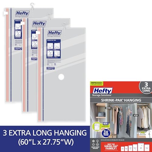 Hefty Hanging Compression Bags 3 Extra Long Vacuum Garment Storage Bags for Clothes, Travel, Closet Organization (60 X 27 Inches) (X-Large) - size: X-Large