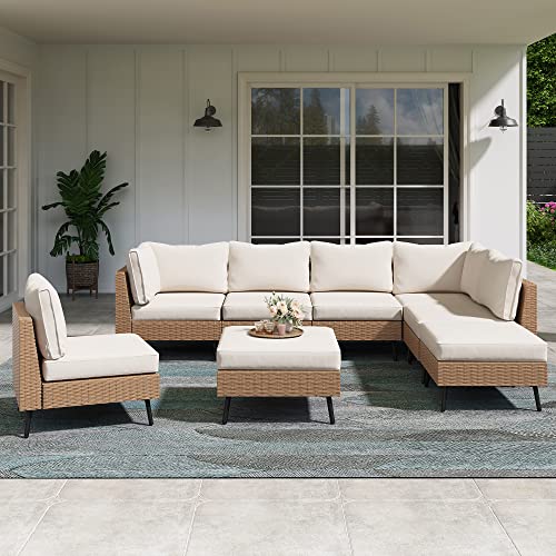 LAUSAINT HOME Outdoor Patio Furniture, 8 Piece Outdoor Sectional Sofa PE Rattan Wicker Patio Conversation Sets,All Weather Patio Furniture Set with Thick Cushions for Garden, Poolside, Backyard(Beige) - color: Beige, size: 8 PCS