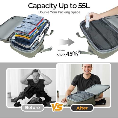 Vacuum Compression Backpack, Carry-On Size Travel Backpack with Vacuum System and Pump, Expands to 55L Packing Capacity, Fits 17” Laptop & 5–7 Days of Clothes, Water-Resistant Compression Backpack - color: Greenish Gray, size: 55L