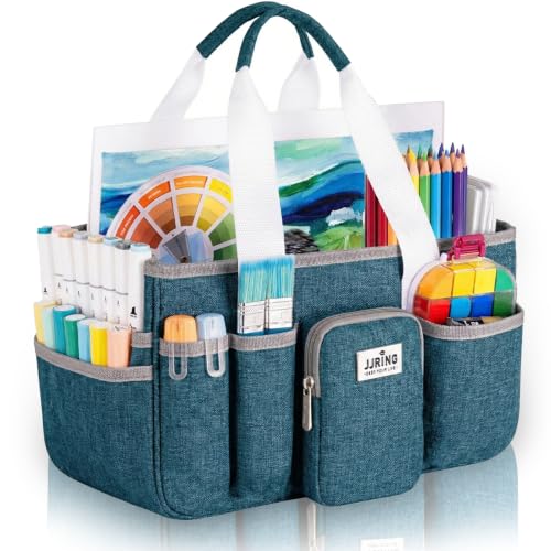 JJRING Craft Organizer Tote Bag, Portable Art Caddy with Adjustable Divider&Secure Zipper Pocket, Large Foldable Storage Tote for Scrapbooking, Sewing, Artist and Home(Green) - color: Green, size: Large