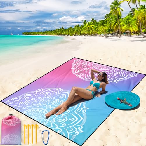 WIWIGO Beach Blanket Waterproof Sandproof Beach Mat 79" X 83"/10'x9'for 2-8 Adults Quick Drying Outdoor Picnic Mat Beach Accessories for Travel, Camping, Hiking - color: Bluepink, size: 79" X 83"（1-4person）