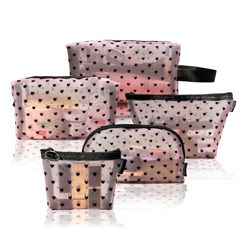 5 Pieces Mesh Heart Makeup Bags Sets, Zipper Mesh Cosmetic Bag Toiletry Bag, Travel Makeup Bags for Women, Small Items Storage Organizer Bags for Home Office Travel (Pink) - color: Pink, size: 5PCS