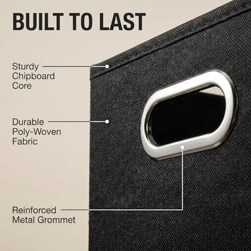 Household Essentials Foldable Fabric Storage Bins 6 Piece Set, Strong Poly-Woven Fabric, Sturdy Chipboard Sides, Grommet Front Handle, Stackable, Classic Design, Black - color: Black, size: 11” L x 11” W x 11” H
