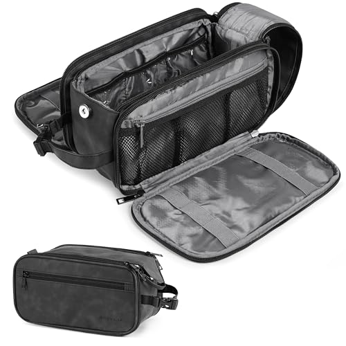 PAVILIA Toiletry Bag for Men, Hanging Travel Dopp Kit Organizer, PU Leather Water Resistant Bathroom Bag for Shaving Grooming, Large Capacity Cosmetic Bag Travel Essentials, Black - color: Black, size: Large (10.5x5.5x6)