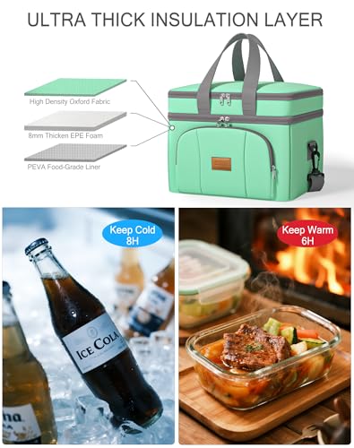 Rnivvi Lunch Box for Women, Double Decker Insulated Cooler Bag Lunch Bag Reusable Leakproof Tote Lunch Container with Strap for Work Family Picnic Hiking Camping, 18 Cans 12L, Large Adults, Green - color: Green