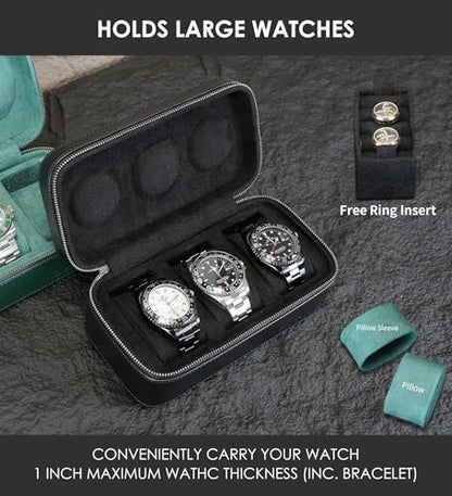 3 Watch Travel box Real Top-grain Leather, Three Watches Storage Organizer Roll Case for Man and Women, Watch Packing Box with Suede to Protection Zipper Fit All Watches Up to 60mm (3W-Z-BB) - color: 3W-Z-BBL