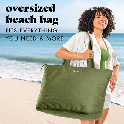 Fit & Fresh XL Beach Tote Bag for Women – XL Travel Tote with Zipper & Pockets, Oversized Canvas Pool Bag, Weekender Carry-On - color: Olive