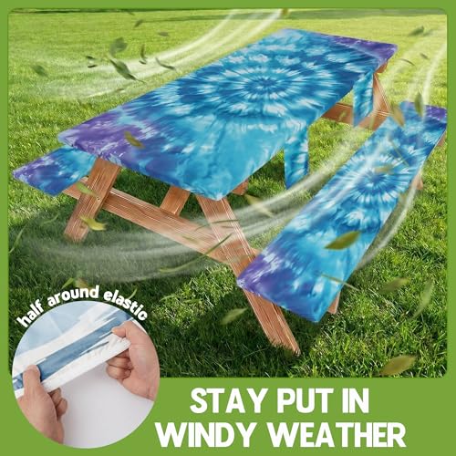 Fitted Picnic Table Cover with Bench Covers Vinyl Waterproof Elastic Edges Fitted Rectangle Table Cloth Patio Tablecloth Camping Gear Essentials Rv Accessories Road Trip Supplies Car Travel Must Have - color: Blue Purple Tie-dye, size: 72in