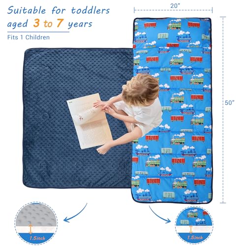 Lasoftan Toddler Nap Mat with Pillow and Blanket, Extra Large Rolled Napping Mats,Slumber Bags for Boys Girls,Kids Sleeping Bag for Daycare, Preschool Travel Camping - color: Blue Train