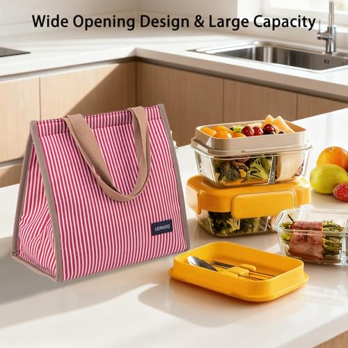Insulated Lunch Bag for Work, 10.2"x5.9"x10.2" Oxford Waterproof Striped Canvas Tote Bag - color: Red White