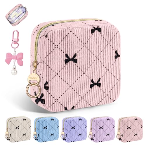 Period Bag for Teen Girls, Corduroy Cute Sanitary Napkin Storage Bag, Menstrual Pad Pouches Tampon Holder for Purse (Light Pink-Bow Tie) - color: Bow Tie-light Pink