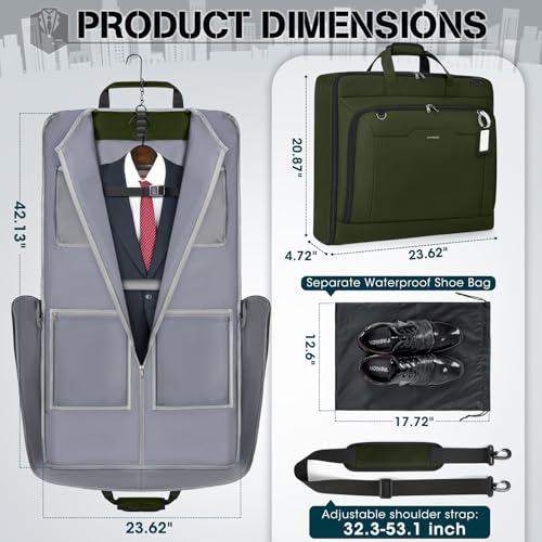 RAINSMORE Garment Bags for Travel Carry On Garment Bag for Hanging Clothes, Suit Bag for Business Trips with Shoes bag & Shoulder Strap, Waterproof Foldable Suit Luggage Bag for Men Women, Green - color: Green