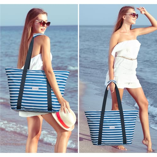 G4Free Beach Bag, Waterproof Beach Bags for Women, Personalized Strap Tote Bag for Women Birthday Gifts - color: Deep Blue Stripe