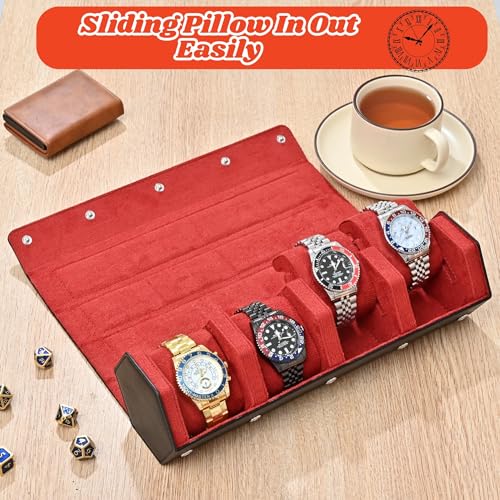 Leather Watch Roll for 4 Watches - Velvet-Lined Travel Case, Luxury Watch Rolls Organizer with Storage & Display for Men (4 Slot-Black/Red) - color: 4 Slot-Black/Red