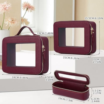 Travel Makeup Set Waterproof Transparent Cosmetic Bag and Toiletry Bag Makeup Brush case with Zipper Car Essentials for Women (Burgundy, L+M+SLIM) - color: Burgundy, size: L+M+Slim