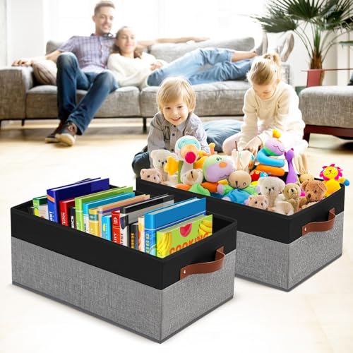 3 Pack Large Capacity Storage Bins Closet Organizer for Shelves, Fabric Closet Storage Baskets Boxes with Leather Handles for Organizing Clothes, Sheets, Jeans, Toys, Books (Black and Grey) - style: 3 Pack Black & Grey