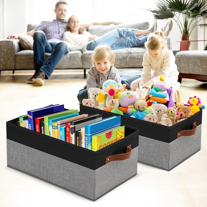 3 Pack Large Capacity Storage Bins Closet Organizer for Shelves, Fabric Closet Storage Baskets Boxes with Leather Handles for Organizing Clothes, Sheets, Jeans, Toys, Books (Black and Grey) - style: 3 Pack Black & Grey