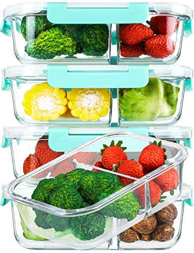 [5-Pack,36 Oz]Glass Meal Prep Containers 2 Compartments Portion Control with Upgraded Snap Locking Lids Glass Food Storage Containers, Microwave, Oven, Freezer and Dishwasher (4.5 Cups, Green) - color: Green