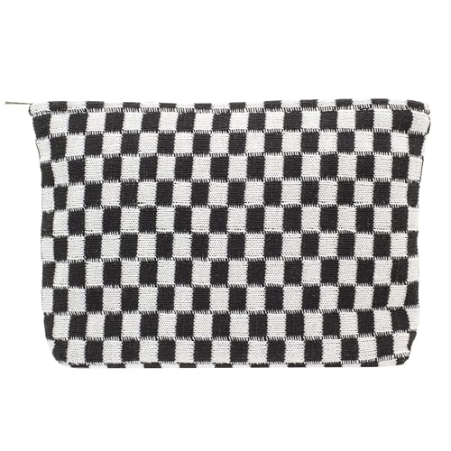PAZIMIIK Knitted Checkered Makeup Bag Large Zipper Make Up Accessory Pouch for Purse Cosmetic Brush Bag for Travel Essential,Black - color: BLACK, size: 1PCS FLAT POUCH