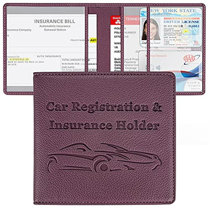 Car Registration and Insurance Holder, Premium PU Leather Vehicle Glove Box Car Organizer Men Women Wallet Accessories Case for ID, Driver's License - Purple - color: Purple