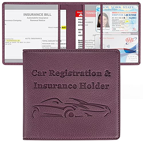 Car Registration and Insurance Holder, Premium PU Leather Vehicle Glove Box Car Organizer Men Women Wallet Accessories Case for ID, Driver's License - Purple - color: Purple