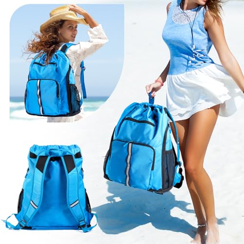 Large Beach Backpack Waterproof Sandproof - Customized Oversized Drawstring Pool Bag with Shoe Compartment for Toiletries, Towels, Gym, Travel - color: Blue