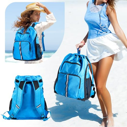 Large Beach Backpack Waterproof Sandproof - Customized Oversized Drawstring Pool Bag with Shoe Compartment for Toiletries, Towels, Gym, Travel - color: Blue